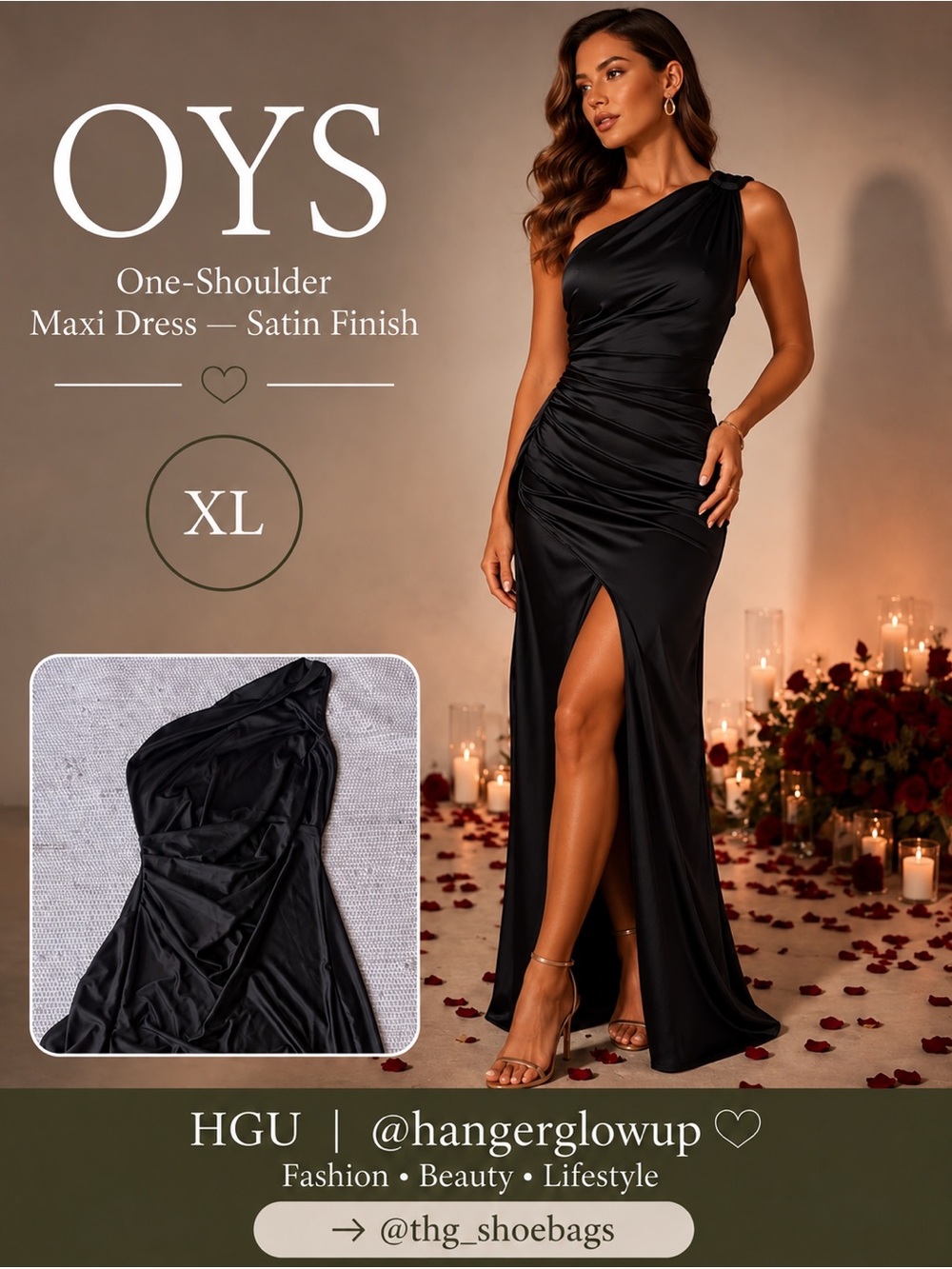 OYS Black One Shoulder Satin Maxi Dress Ruched Side Slit XL